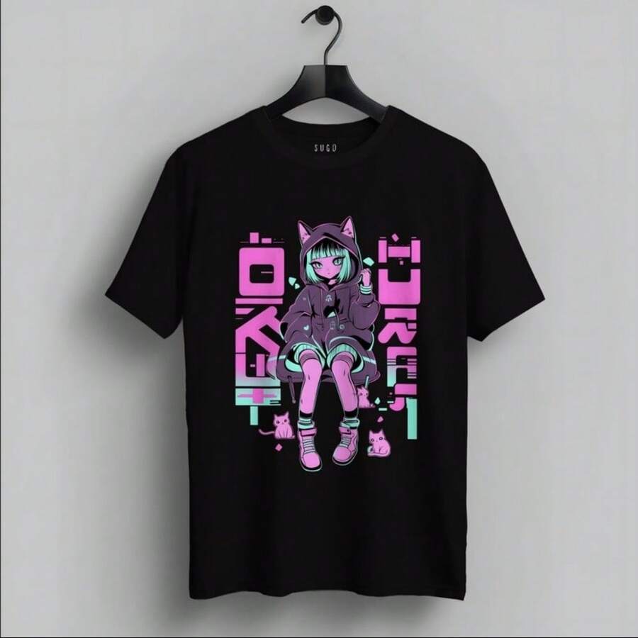Kawaii Goth Anime Cat Girl TShirt with Kanji Design S