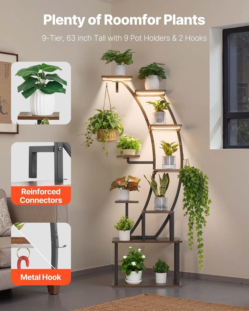 Plant Stand Indoor with Grow Lights, 160cm Tall 9-Tier Lighted Plant Shelf, Metal Corner Plants Holder, 3 Timer & 10 Brightness, Curve-Shaped Flower