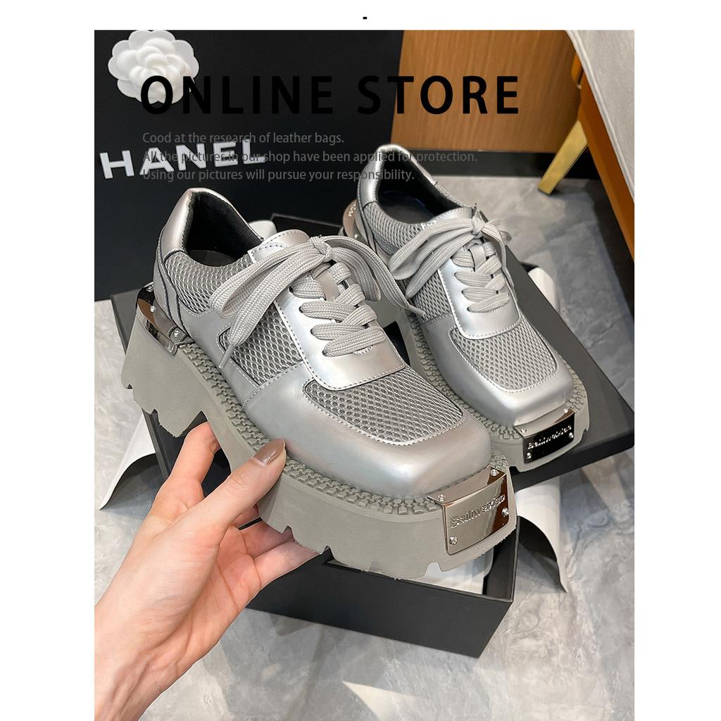 Silver lace-up small leather shoes women's thick heels and thick soles increase height Wasteland style personality derby shoes metal decoration supe