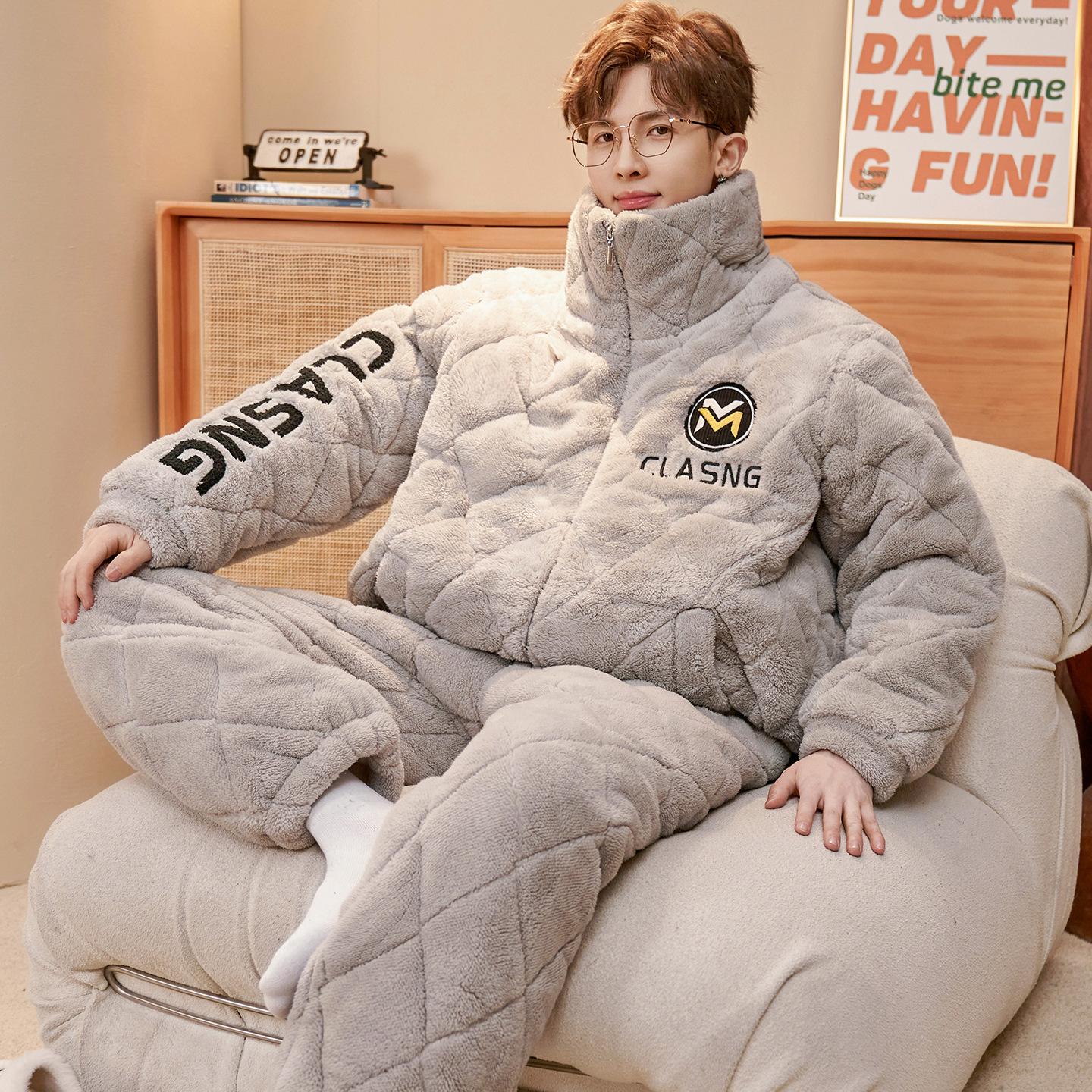 Pajamas Men`S Winter Three-Layer Cotton Padded