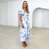 Summer Women's Fashion Print Pleated with Belt Ankel-Length V-Neck Dress