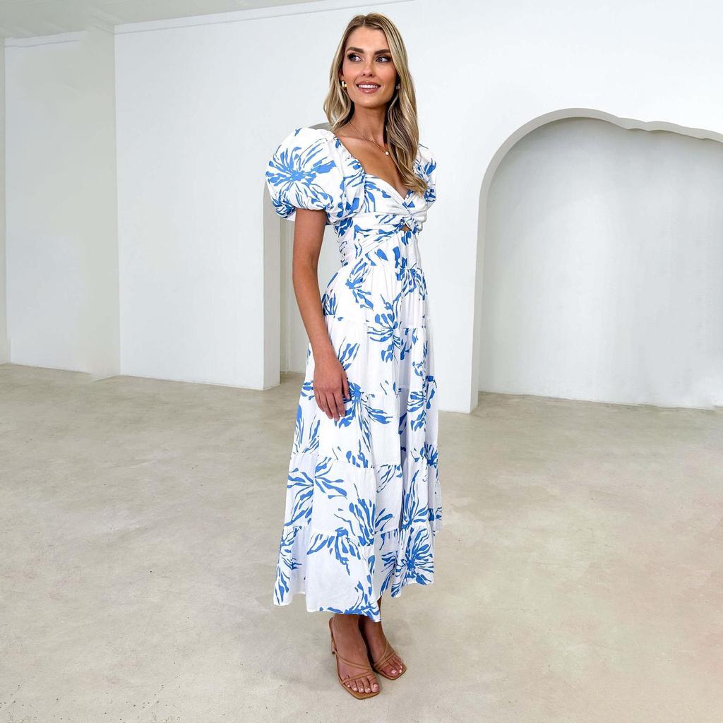 Summer Women's Fashion Print Pleated with Belt Ankel-Length V-Neck Dress