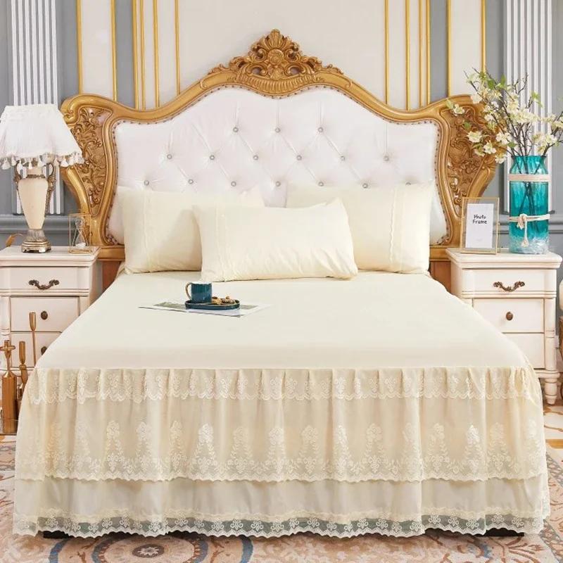 New 3 Layers   Lace Ruffled Bed Skirt Couvre Lit Bedroom Bed Cover Bed Skirt Non-slip Mattress Cover Bedsheet Bedspread