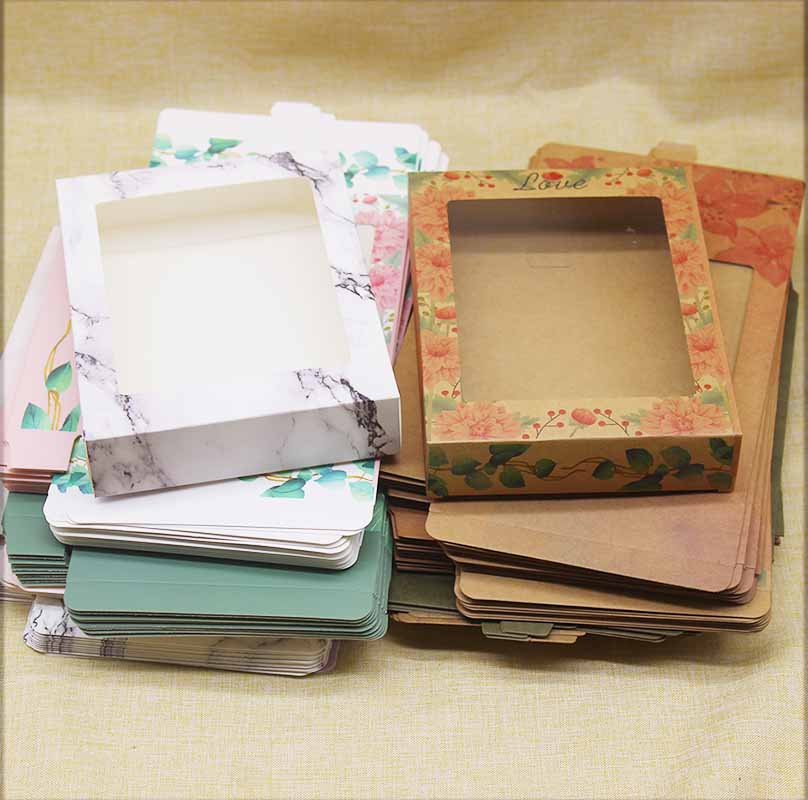 Newest 10pcs Kraft Paper Marbling Thank You Window Box Flower Print Christmas Gifts Candy Wedding Favors Home Party Package Box