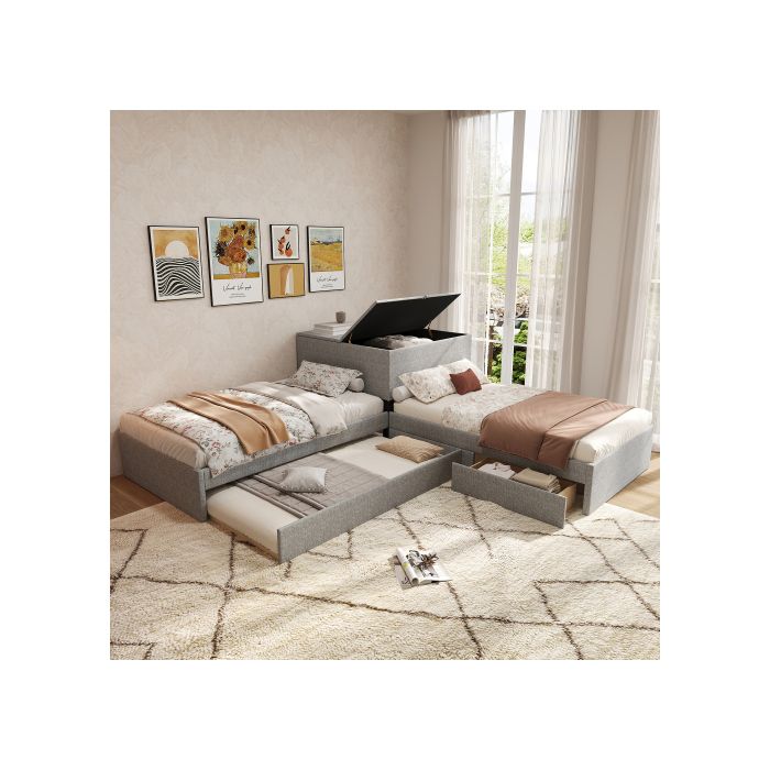 Lit d'angle, deux lits simples avec tiroirs de rangement, avec lit gigogne, 90x200 cm, sans matelas, lin, gris