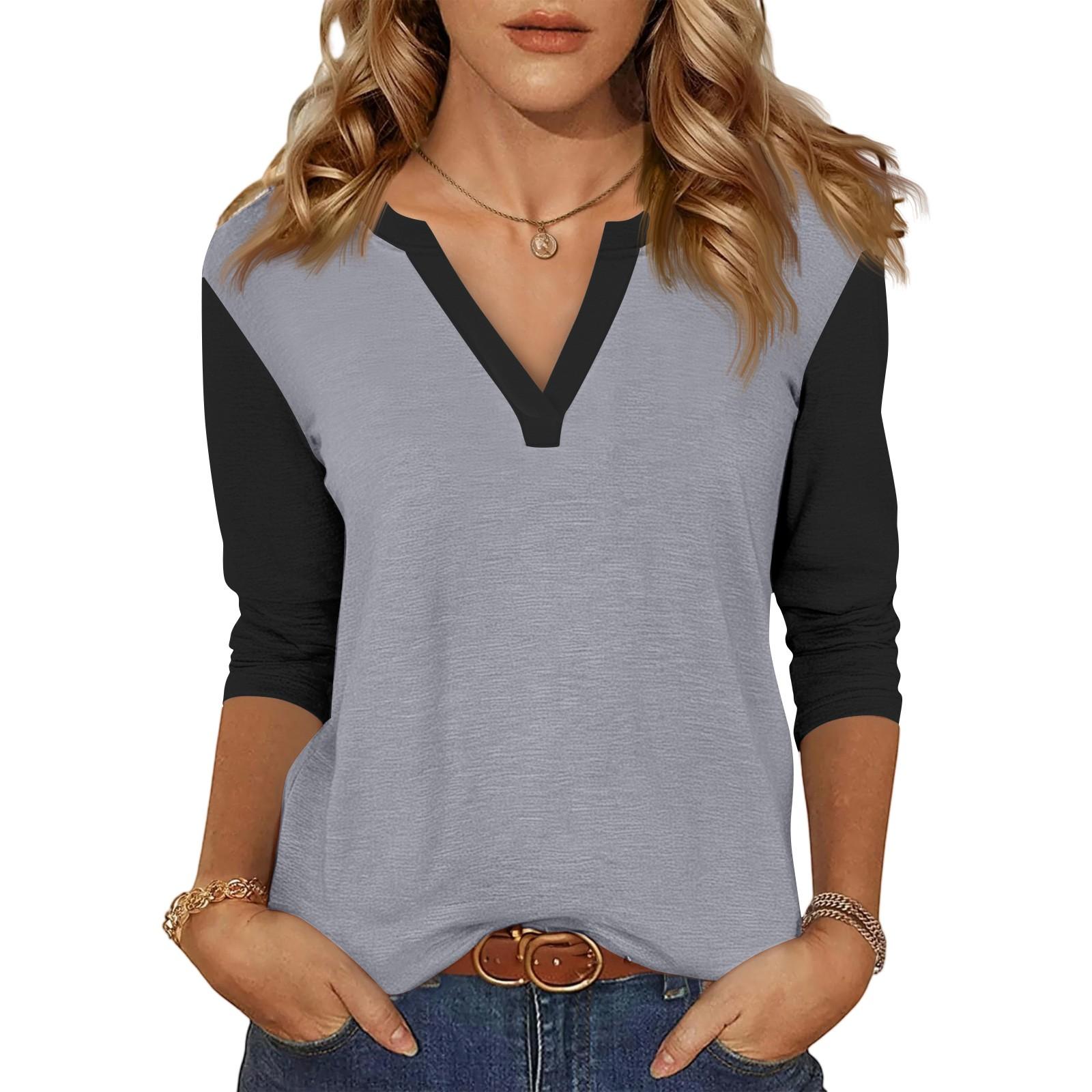 

Women s Casual Fashion Sexy Comfortable V-neck Stitching Color Three-quarter Sleeve Top XXL