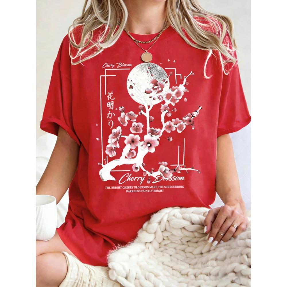 Japanese Cherry Blossom Design Women'S T-Shirt Loose Cotton T Shirts Crewneck Trendy Short Sleeve Y2K Summer Casual Streetwear