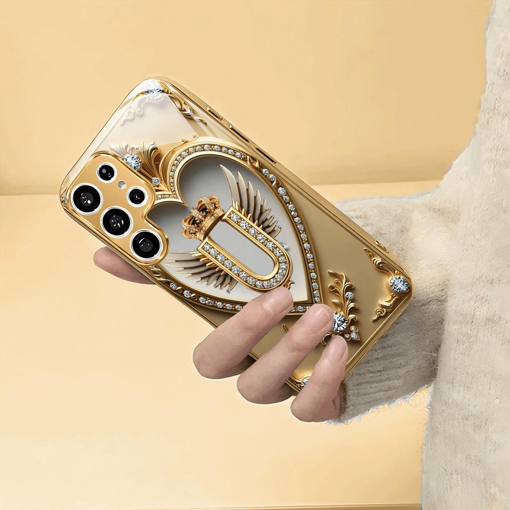 Gold-plated tempered glass phone case, compatible Galaxy S26 S25 S24 S23 S22 Ultra Plus. Features a gold heart-pattern design.