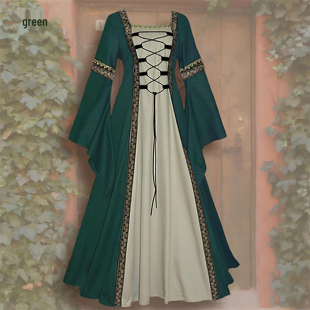 European & American Gothic Medieval Square Neck Bell Sleeve Plus Size Dress