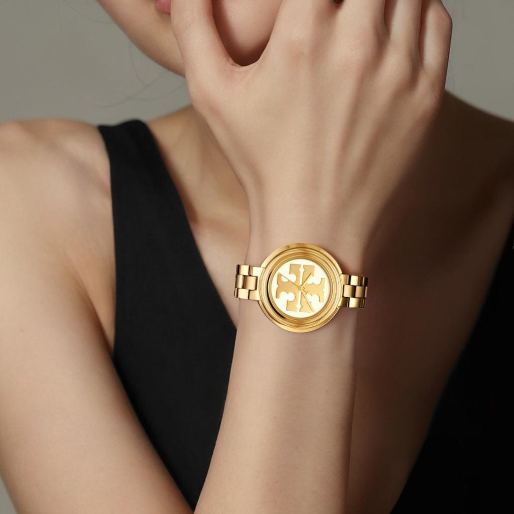 Tory Burch Quartz Watch Stainless Steel Band 36Mm Gold Dial 30M Water Resistant Women Watches TBW6208