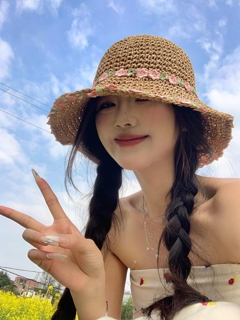 Pastoral style~ summer woven straw hat women's seaside vacation sunshade small flower sun straw hat foldable