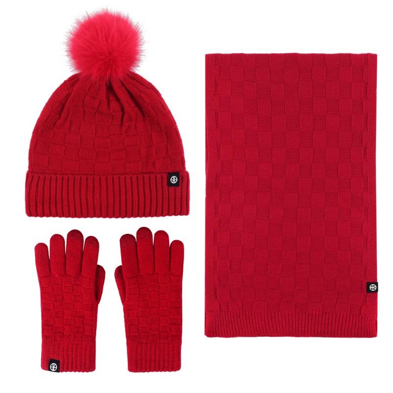 Winter warm scarf three-piece set outdoor cold-proof plush ball knitted hat scarf gloves 3-piece set