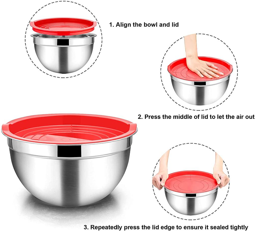 5 Piece Mixing Bowls, 4.6/3/1.5/1/0.7 QT, Stainless Steel Metal Nesting Salad Bowl with Lid Set