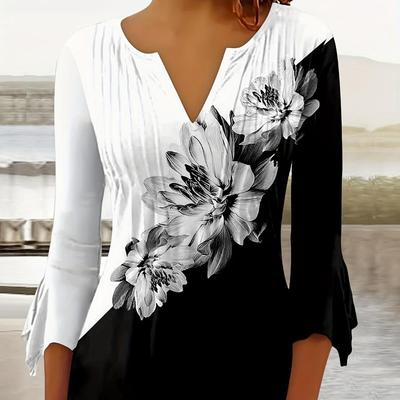 Summer Autumn A Line Slim Black White Floral T Shirt Women Loose Elegant 3/4 Sleeve Printed Tops Ladies Clothing