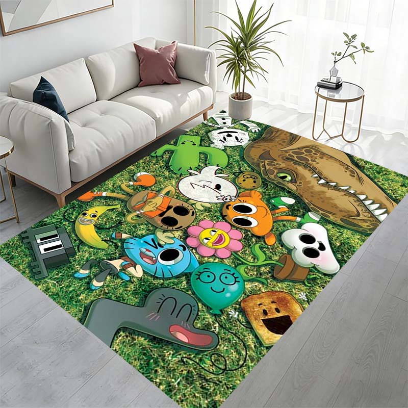 Colorful cartoon animal and anime pattern rugs in various sizes, perfect for children, suitable for bedrooms, beds, and bathrooms.