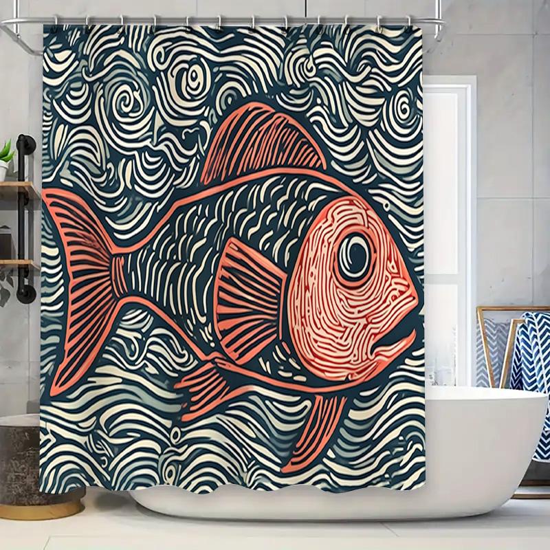 

Vibrant Fish Shower Curtain Modern Bathroom Decor With Waves Pattern Perfect For Bathrooms Vanities Black Orange Red Fabric Prin W60H190(CM)-1 Pcs