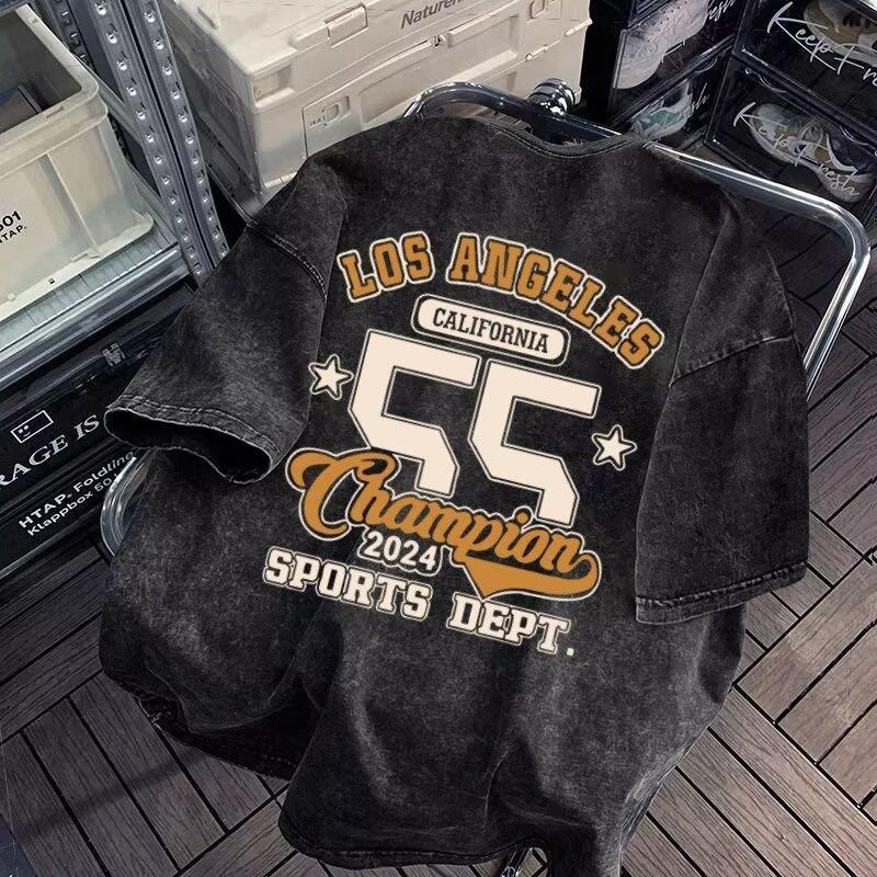 

Мужская футболка в стиле ретро, винтажная, выстиранная, с принтом, с коротким рукавом, в гонконгском стиле, больших размеров, повседневная, уличная, спортивная, свободный топ 5XL серый