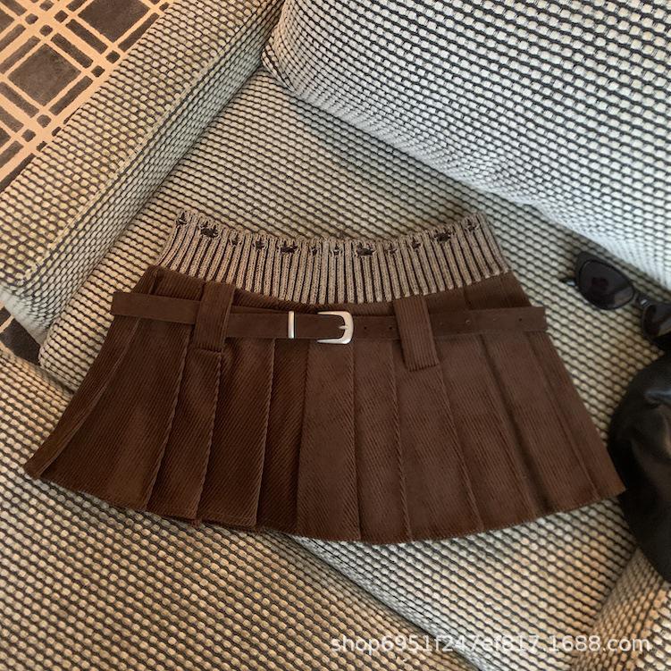2025 Autumn/Winter Spicy Girl Ribbed Belted Pleated Skirt - Korean Retro Style, Low-Waisted Slim Fit. XL