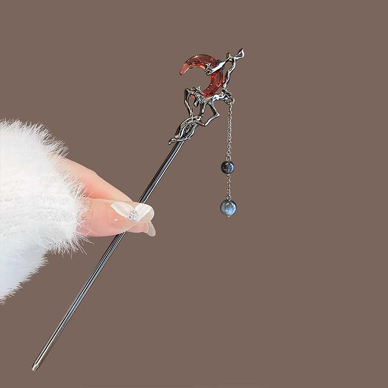 Vintage Roter Kristall Mond Quaste Haarstäbe Für Frauen Mode Metalllegierung Hanfu Essstäbchen Dutt Styling Haarnadel Haaraccessoires