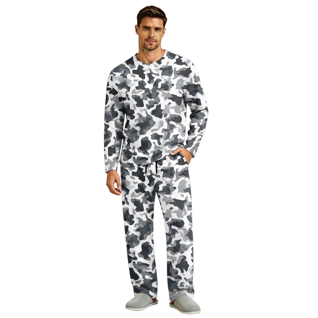 Men's Long Sleeve Pajama Set with Button Crotch and Elastic Drawstring Waist Pants for Home Loungewear