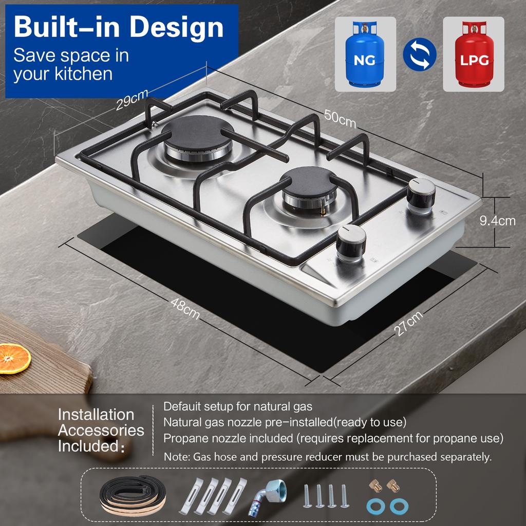 Gas Hob 2Burners, 30 Cm Stainless Steel Gas Hob with Automatic Flame Protection 4200 W, Natural Gas and Propane Gas,GH3020SS2E1E