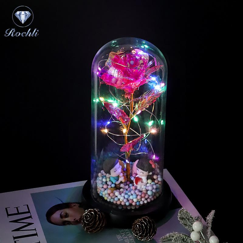 Rose Flower Preserved in Glass Dome with Night Light - Mother's Day or Birthday Gift Ornament