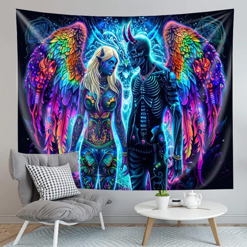 VIKAMA Starry Sky Neon Angel Devil Tapestry Bohemian Style Bedroom Living Room  Dormitory Wall Hanging Room Decor