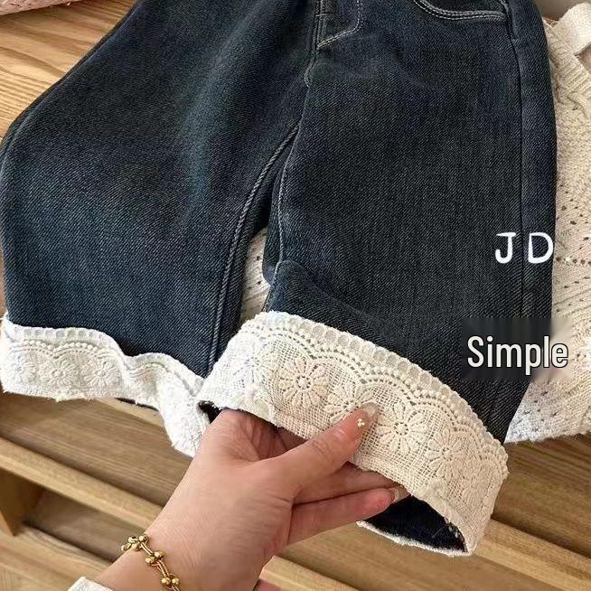 Autumn/Winter 2024 Girls' Plush-Lined Loose Straight Jeans: Stylish, Thickened Wide-Leg Pants for Baby Girls