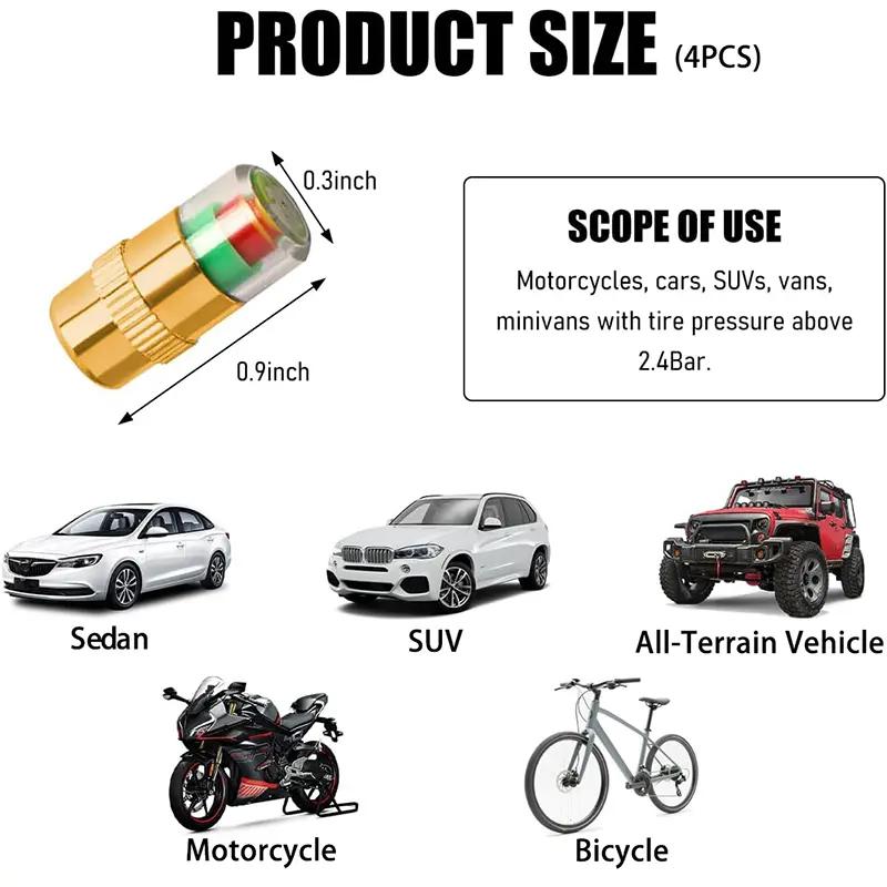 4 Pack 3 Color Indicator Tire Pressure Monitor Valve for Small Medium Motorcycle Bicycle Tire Pressure Monitoring and Alert