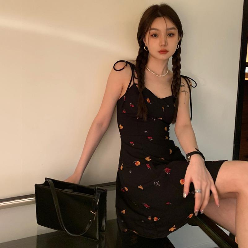 Fruit Print Women's Dress Sling Dress Low Cut Hips Bow Sleeveless Party Dress Tie Spaghetti Strap Black Mini Dress