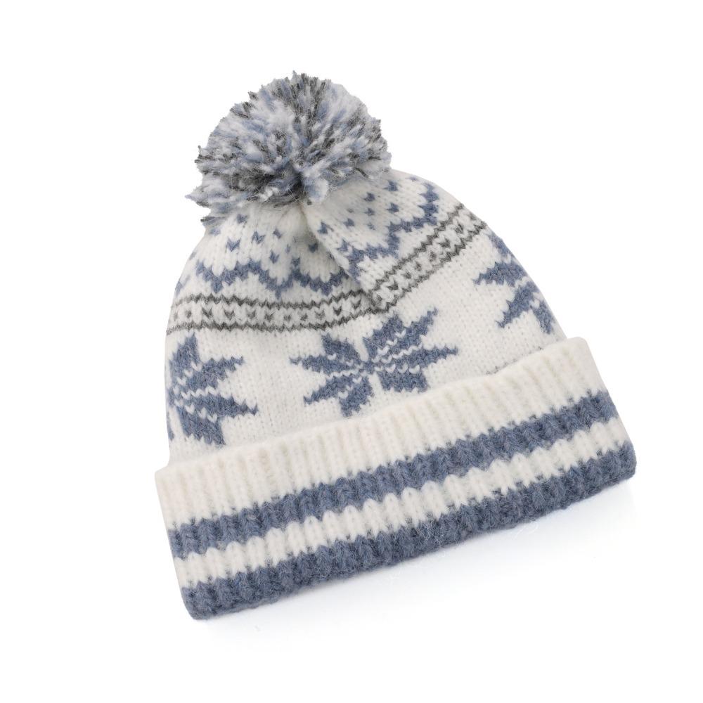 Cozy Retro Knitted Hat Soft Snow Flake Jacquard Pompoms Beanie Warm Winter Hat Scarf for Women