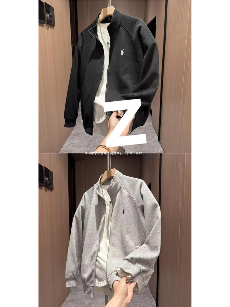 Men's Autumn Embroidered Textured Zipper Stand Collar Casual Cardigan Sweater