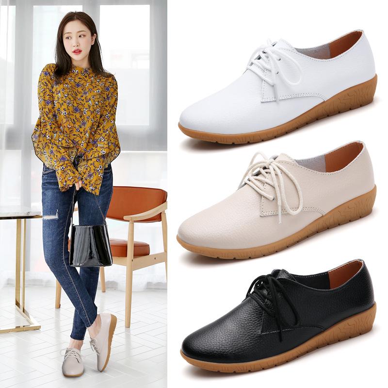 New Spring Genuine Leather Flat Shoes for Women Korean Style Student Casual Versatile White Shoes for Women Large Size Leather Shoes