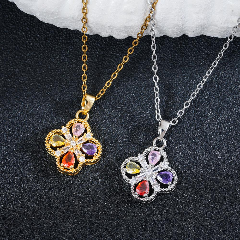 Copper Four-Leaf Clover Necklace with Multicolor Zirconia Petal Pendant and Delicate Chain