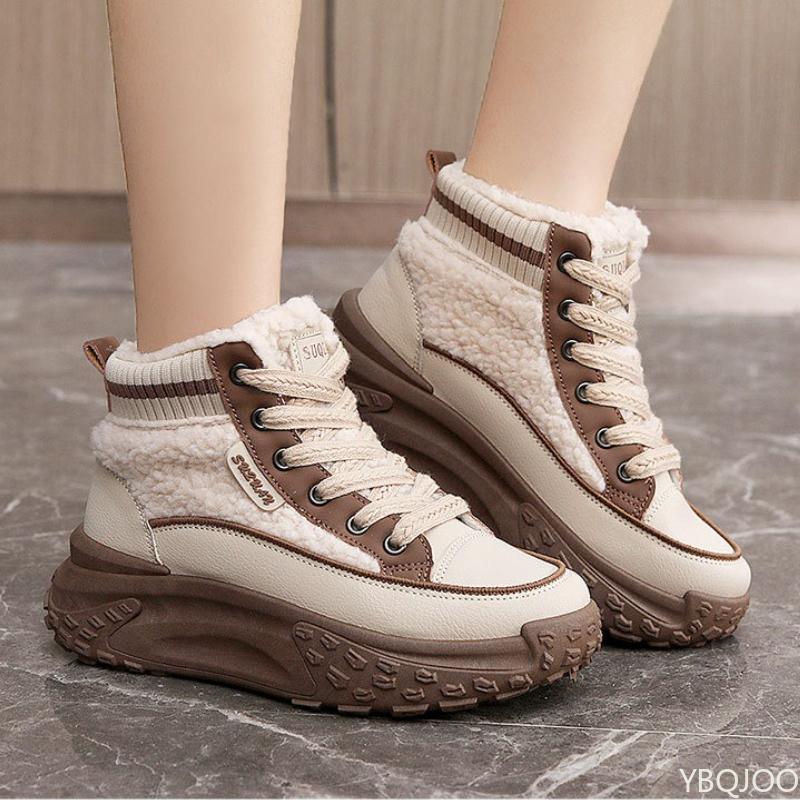 New Autumn Winter Cotton Shoes with Warm High Top Color Blocking Plush Height Increasing Simple Comfortable Women's Shoes