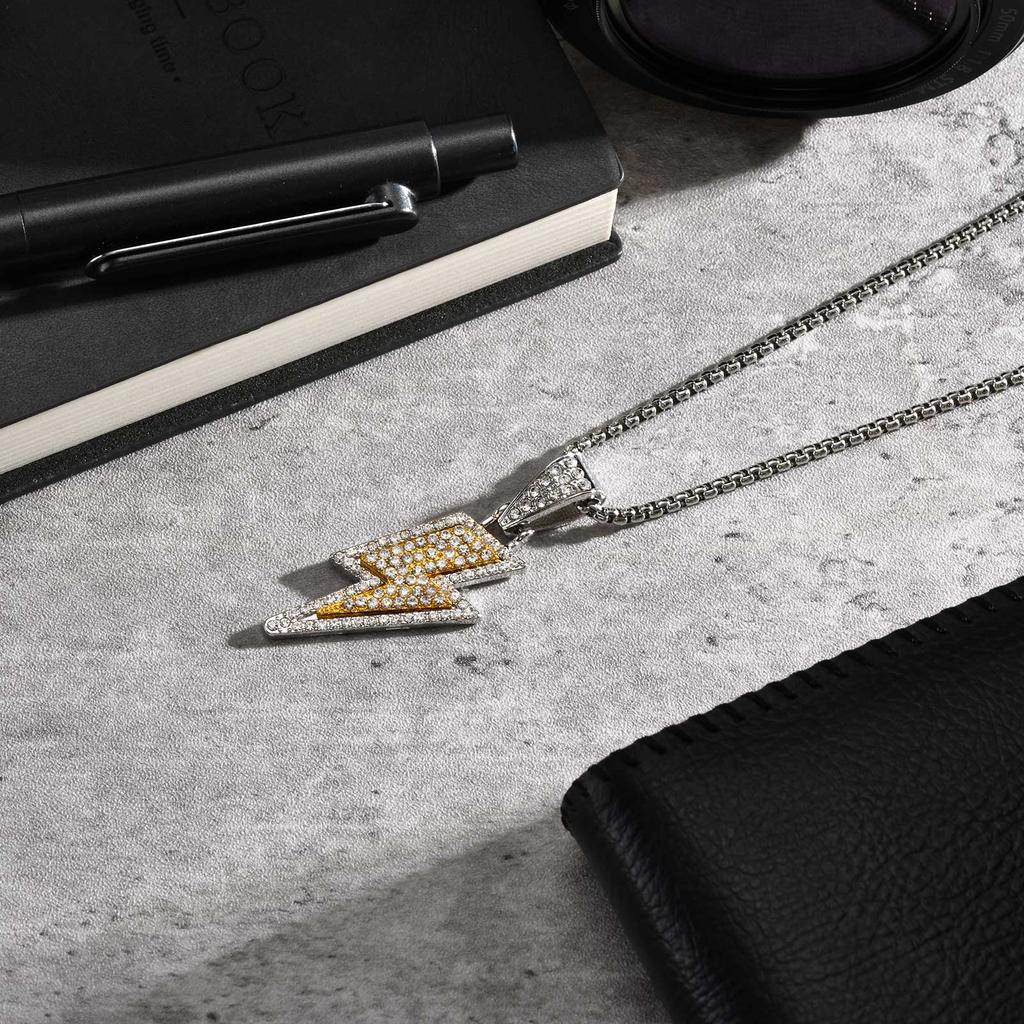 Hip Hop Shining Zircon Lightning Pendant Necklace for Men, Two-color Personality Pendant, Fashion Punk Rock Jewelry Gift