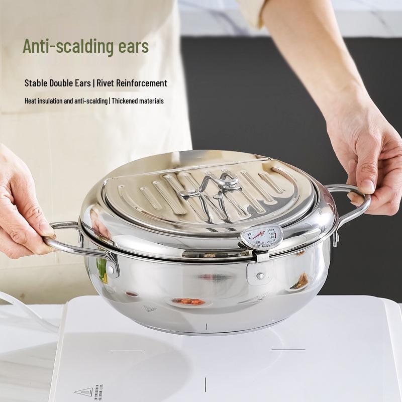 Japanese Stainless Steel Multi-Functional Tempura Frying Pot with Controllable Temperature & Double Handles