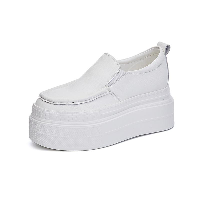 Leather Thick-soled One-pedal Loafers Women's Solid Color Heightening Foot Cover Breathable and Comfortable Heightening 8CM Small White Shoes Sin