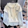 Ladies Two Fake Hoodies Drawstring Half Open Striped Hooded Sweatshirt Autumn Loose New Korean Casual Women's Top