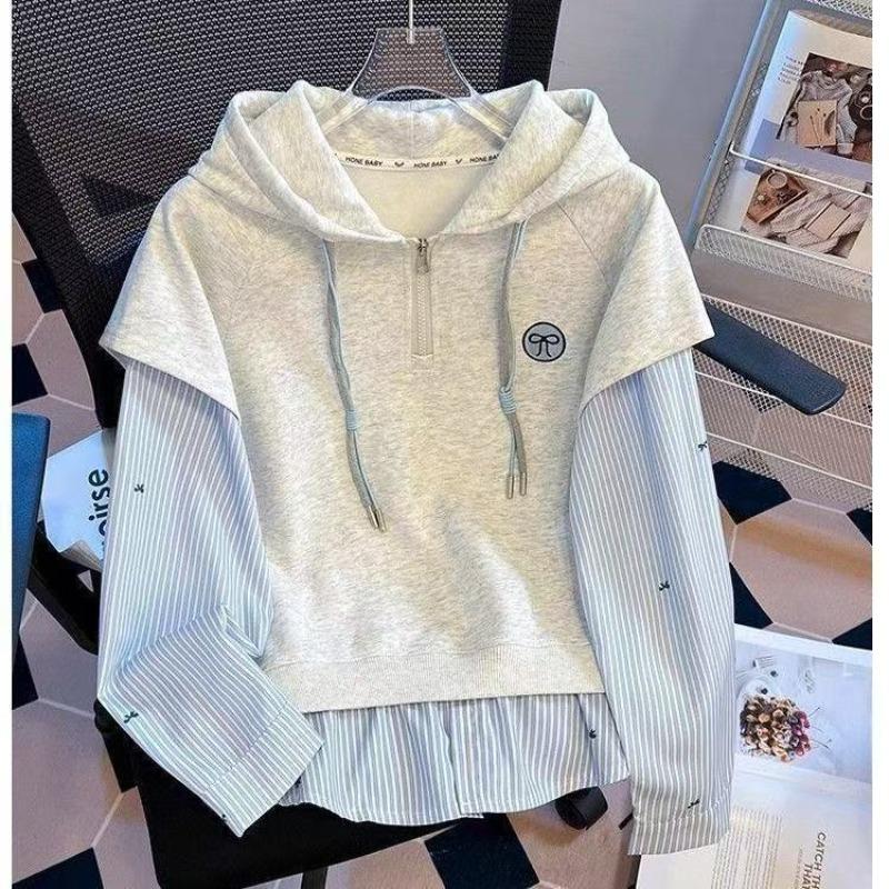 Ladies Two Fake Hoodies Drawstring Half Open Striped Hooded Sweatshirt Autumn Loose New Korean casual Women s Top S