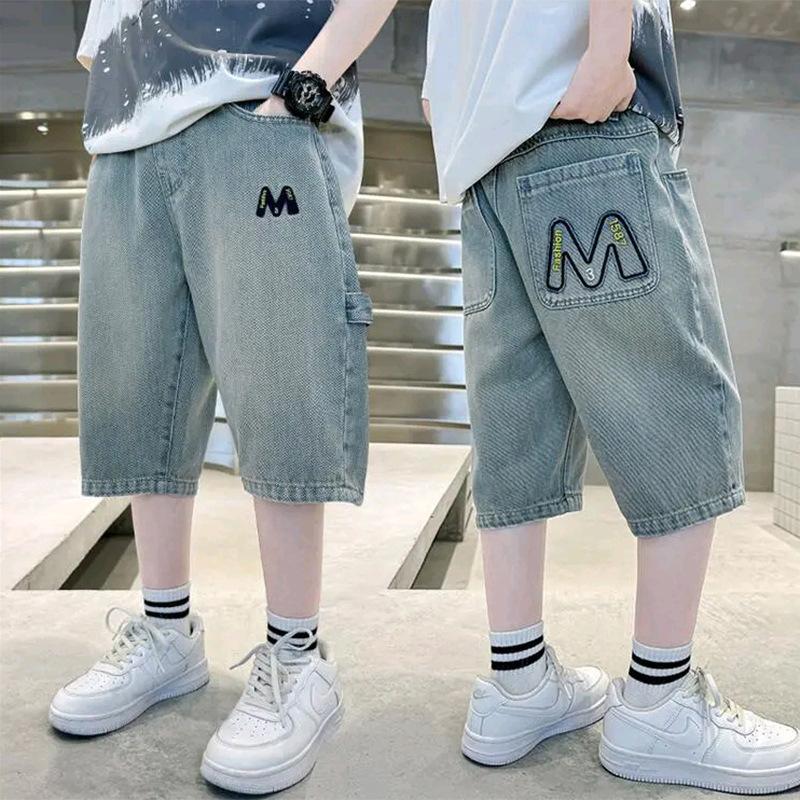 Summer Teen Boys Shorts Jeans Fashion Letter Embroidery Short Denim Pants for 4-14 Years Kids Children Trousers 120 синий