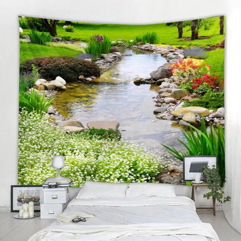 Naturlig väggtapet Mandala Trädgård Landskap Bohemisk rumsinredning Psykedelisk Tapiz Hippie Sovrum Tygmatta