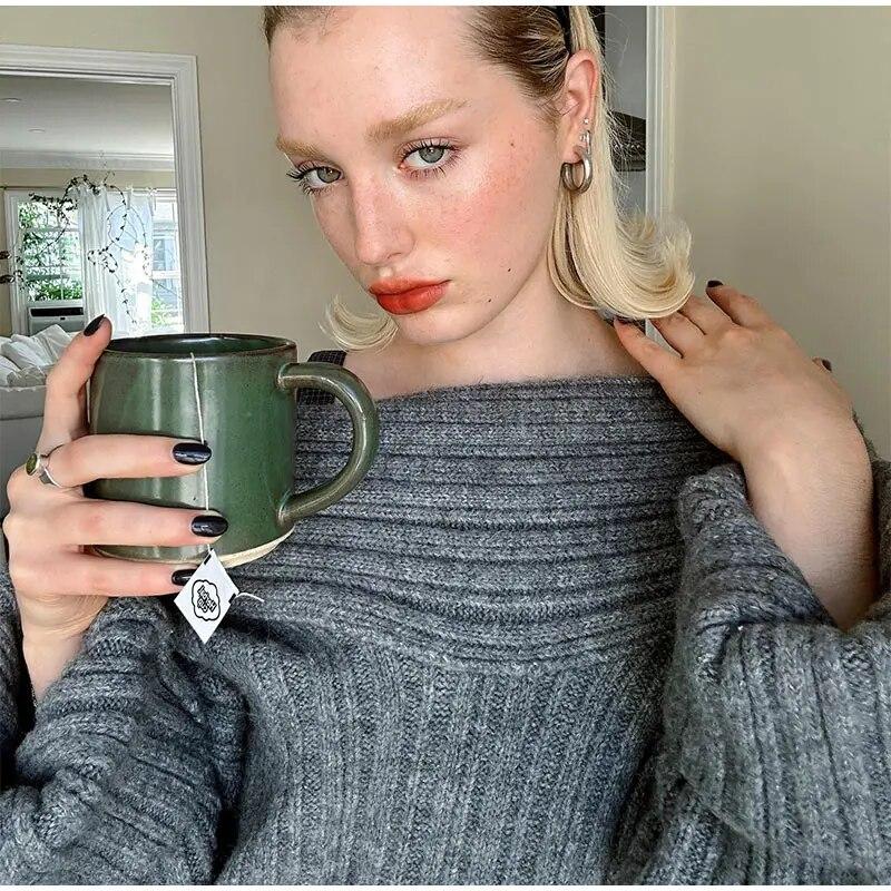 Elegant Solid Slash Neck Thick Knitted Boat Neck Tops Women Casual Long Sleeve Loose Warm Pullover Jumpers Female Fashion High Street Sweater Knitwear