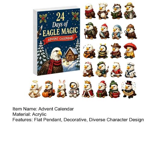 Holiday Countdown Activity Kit Eagle Advent Calendar, 24Pcs Acrylic 2D Ornament Set with Mini Festive Home Decoration Cartoon Figures, Christmas Tree