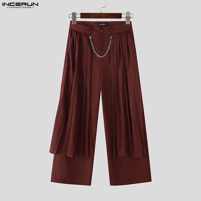 INCERUN Men Zip-up Waist Front Layers Solid Casual Long Pleated Pants Trousers