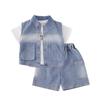 Boys' Korean Style Three-Piece Summer Set: Denim Vest, Stylish Double Pocket, Cool Street Fashion Short Sleeve.