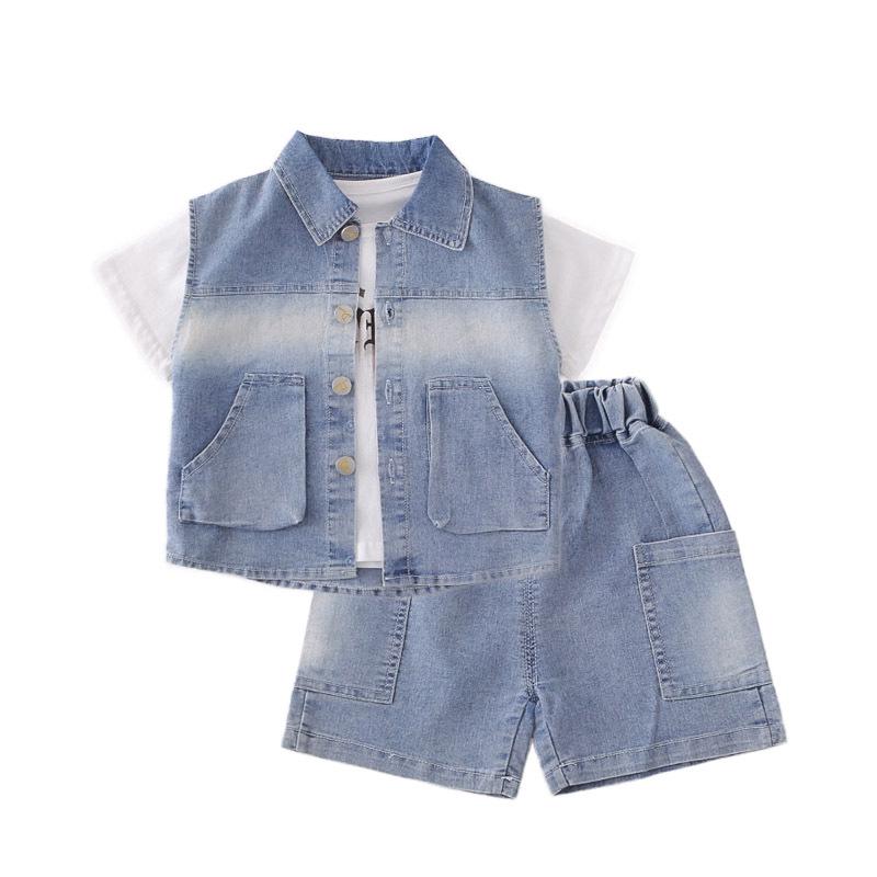 Boys' Korean Style Three-Piece Summer Set: Denim Vest, Stylish Double Pocket, Cool Street Fashion Short Sleeve.