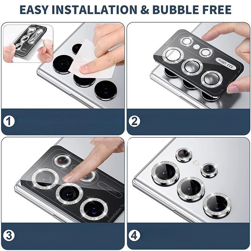 Pierścień aparatu z brokatem do Samsung Galaxy S24 Ultra S23 FE Plus S24+ Szkło ochronne na ekran z tyłu obiektywu S23fe S24ultra Cap Case