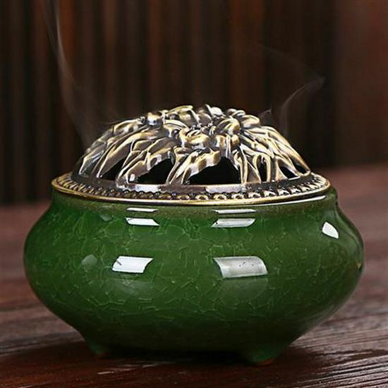 

Керамическая ароматерапевтическая горелка с цветной глазурью и бронзовым покрытием для благовоний и отпугивания комаров Emerald