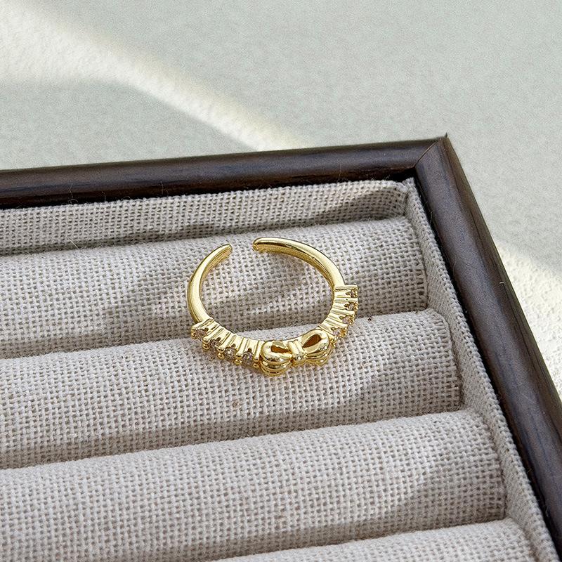 Medieval Vintage Micro-Inlaid Zircon Bow Open Ring Women'S Retro Light Luxury Niche High-End Index Finger Ring